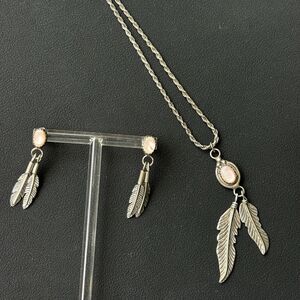 Vintage 925 Sterling Silver Pink MOP Feather Necklace Earrings Set Southwestern